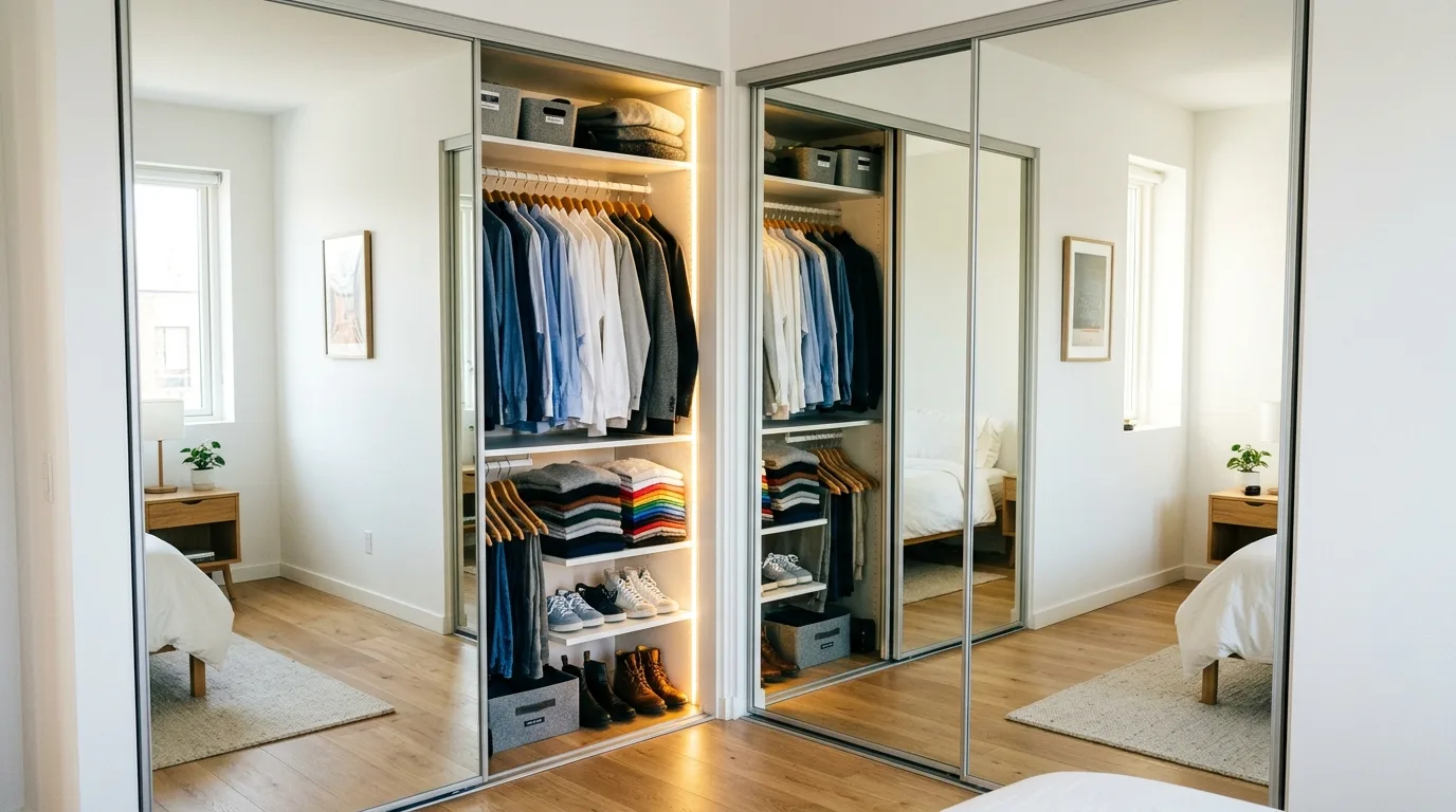 Small walk-in closet brightened with clean overhead and shelf lighting.