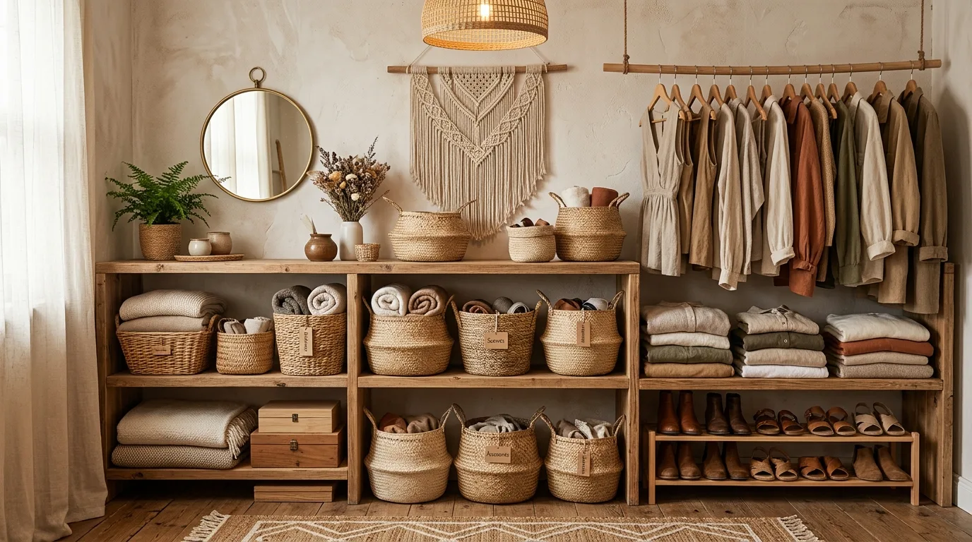 Narrow closet with vertical shelving used for bags and seasonal storage.