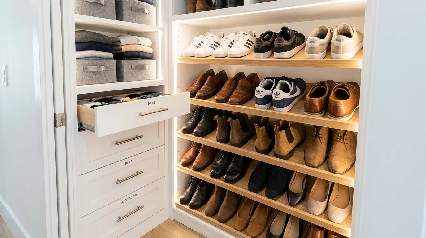 Smart closet layout mixing short-hang and long-hang storage in a compact space.