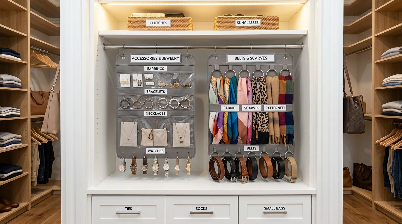 Compact walk-in closet with baskets on upper shelves for tidy storage.
