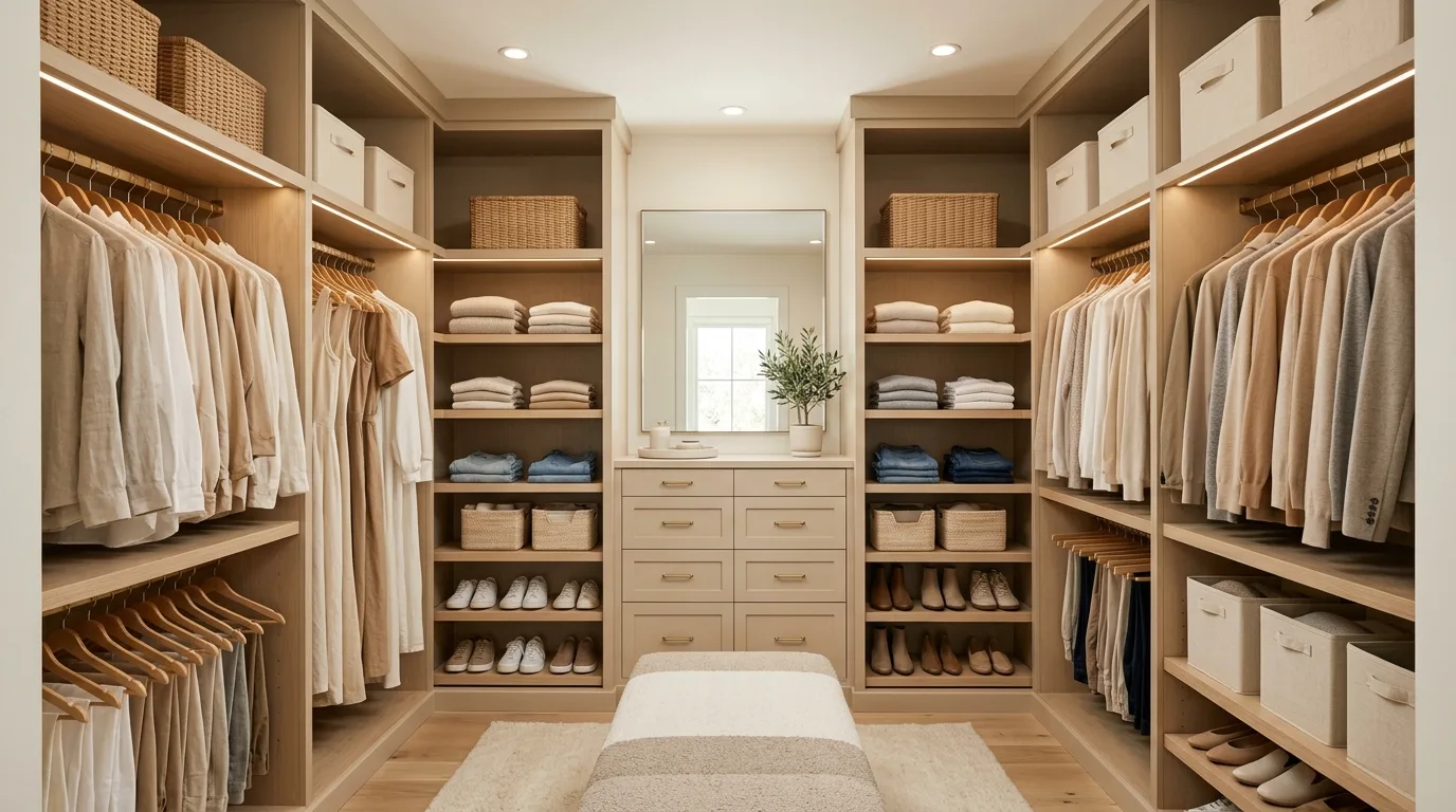 Narrow walk-in closet with pull-out storage for accessories and jewelry.