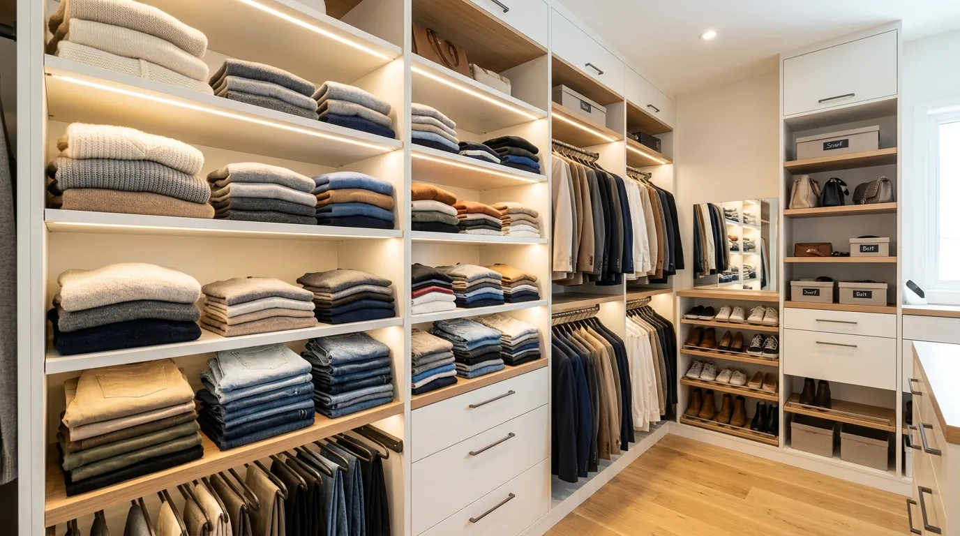 Closet organization with clear bins storing seasonal clothing in a narrow space.