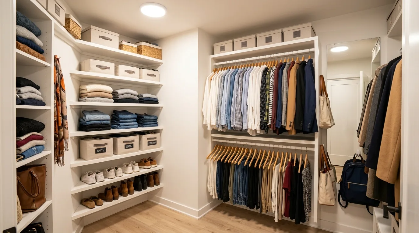 Narrow small walk-in closet with a clean open walkway and uncluttered layout.