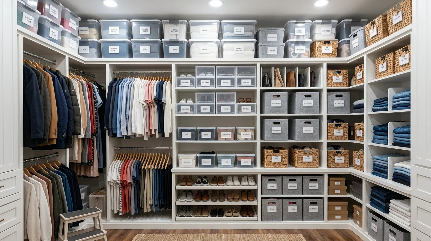 Light neutral narrow walk-in closet with bright cabinetry and organized storage.