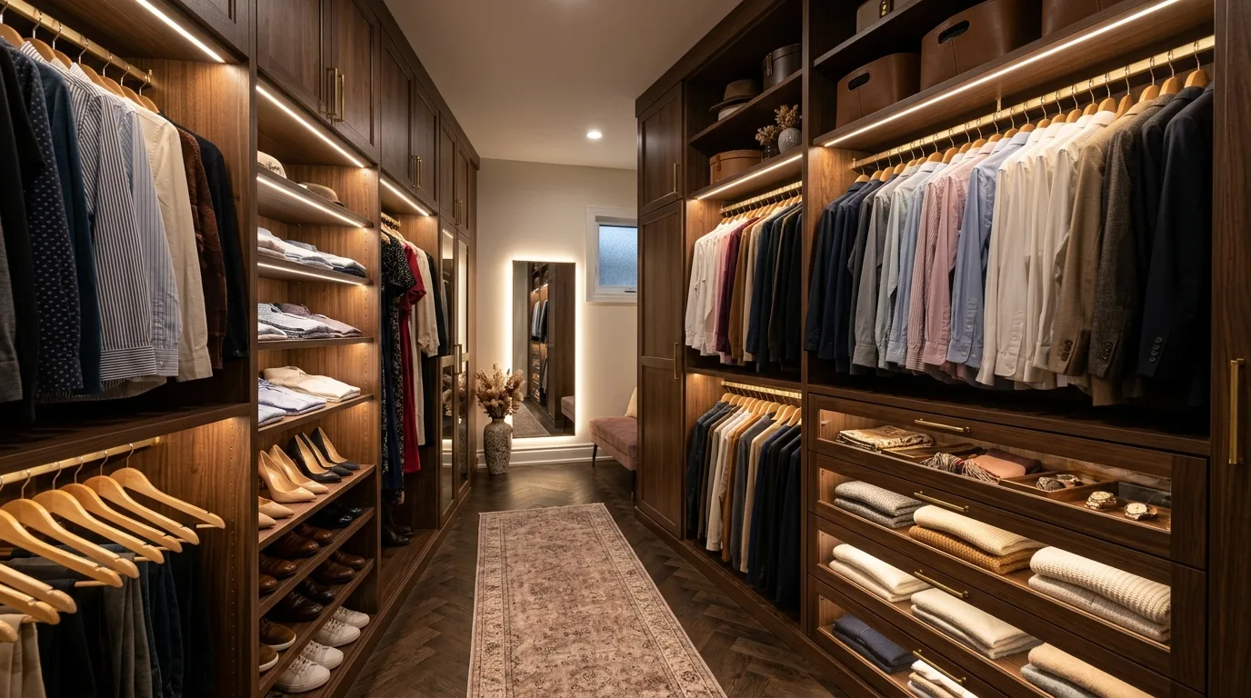 Boutique-style display shelf inside a narrow organized walk-in closet.