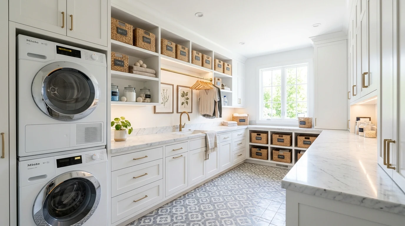 Organized super chic laundry room design with ample storage and polished utility styling.