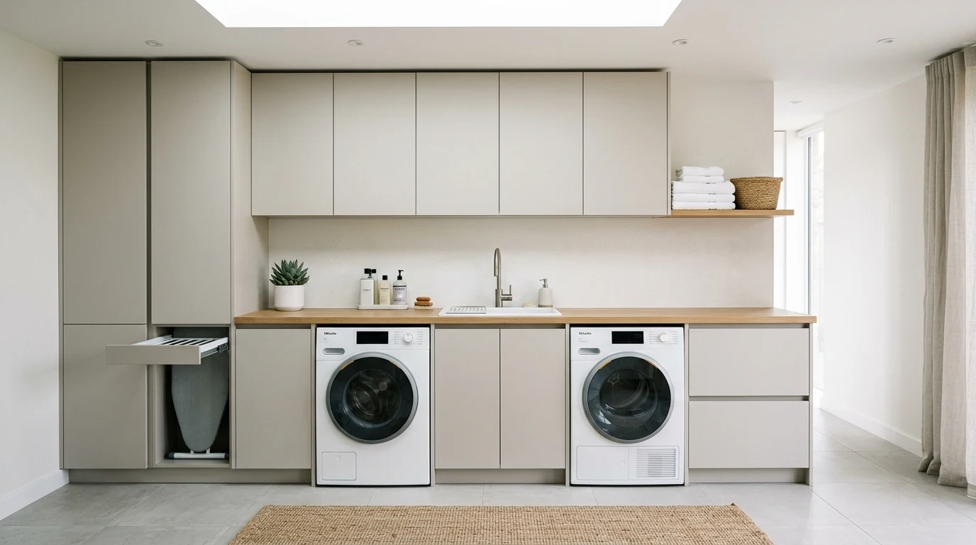 Super chic laundry room with countertop over machines for folding and storage.