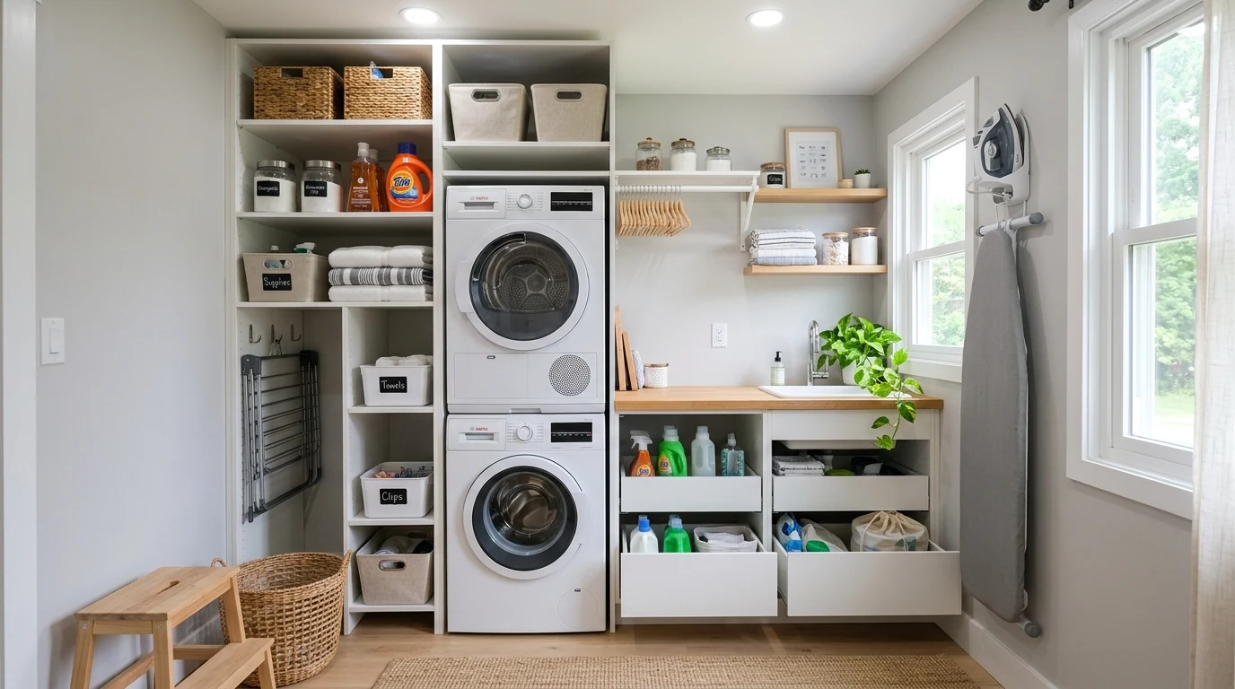 Laundry room with labeled bins on open shelving for organized stylish storage.