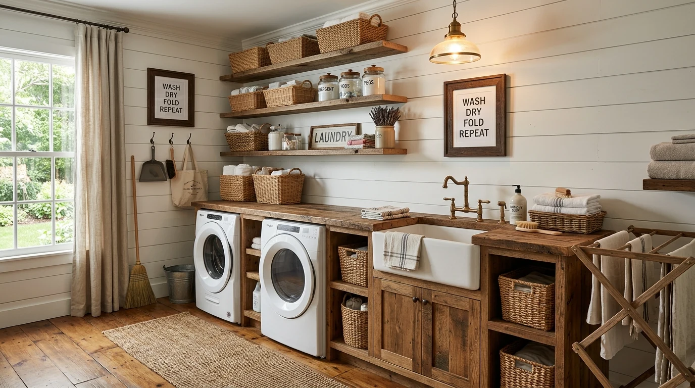 Organized laundry room with pull-out hampers and built-in sorting storage.
