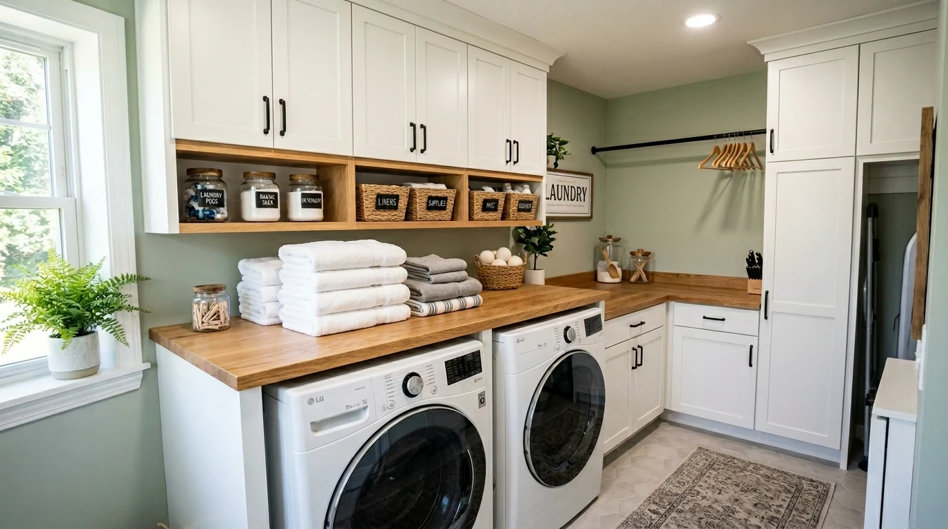 Chic laundry room with a slim hanging rail and efficient storage layout.