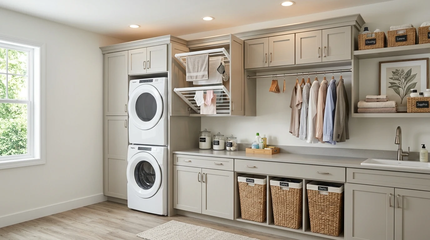 Super chic laundry room with patterned flooring and practical organized cabinetry.