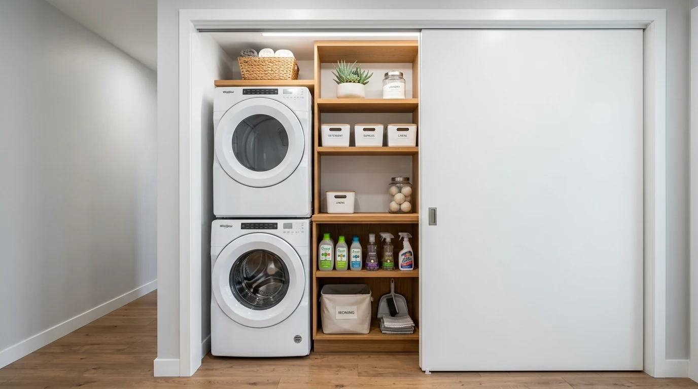 Organized laundry room with a built-in drying rack and efficient storage.