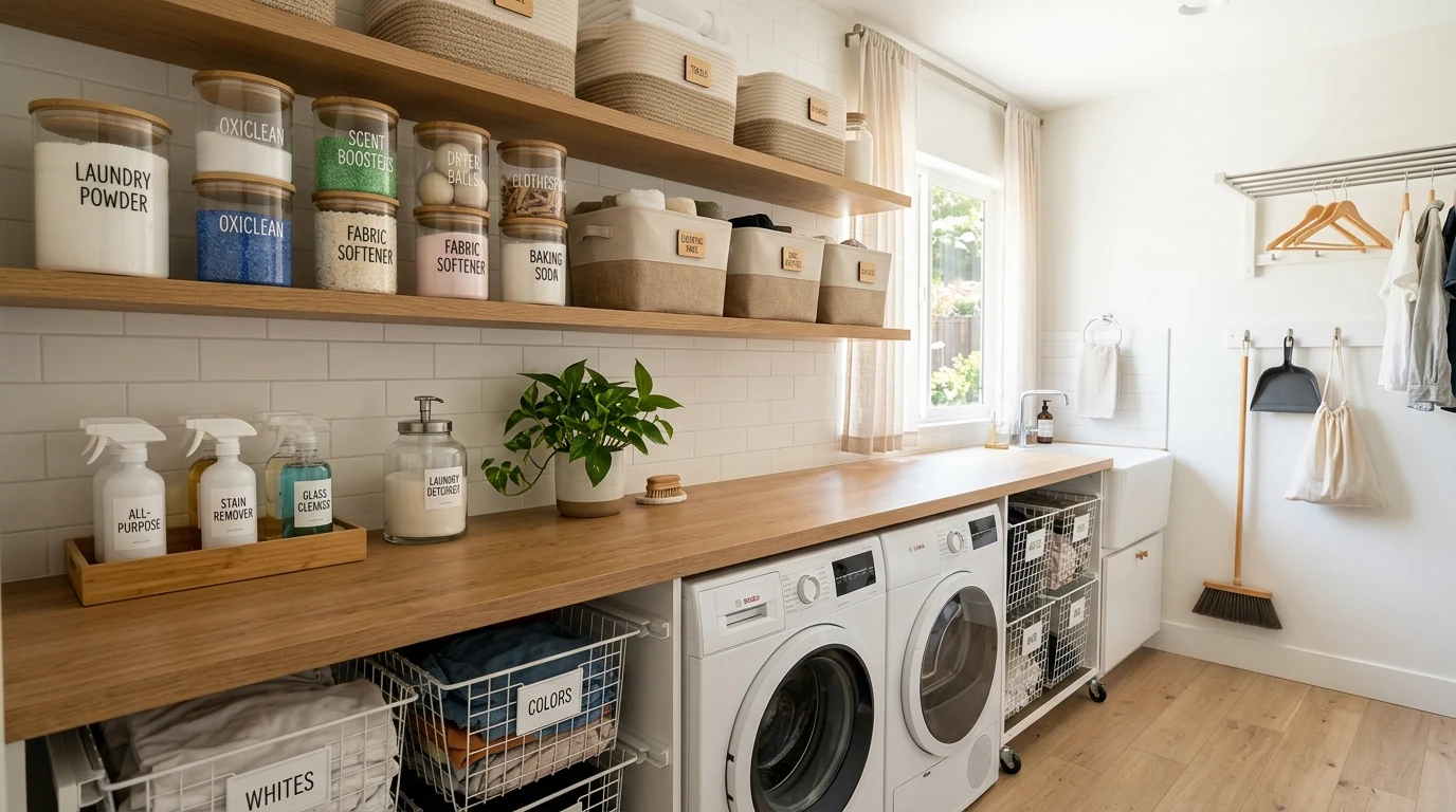 Chic organized laundry room with soft colored cabinets and ample storage.