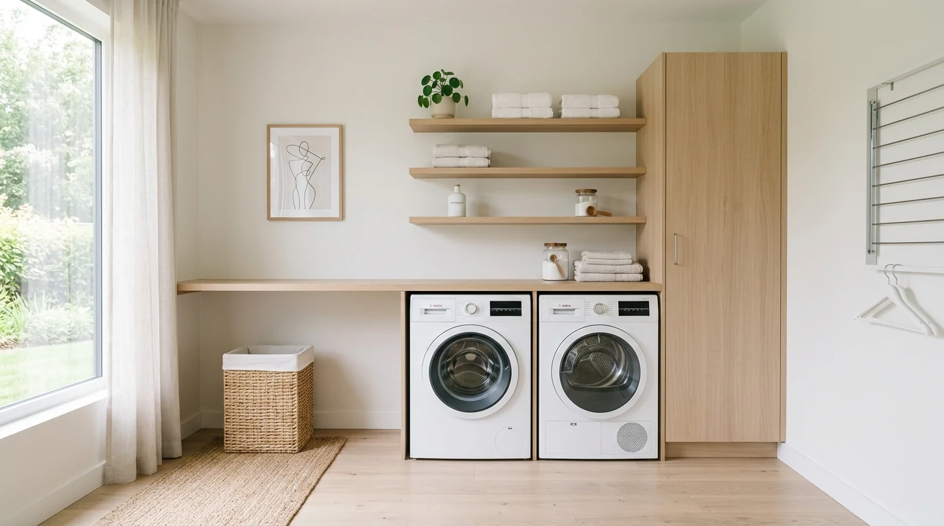 Laundry room with utility sink and under-sink storage for better organization.