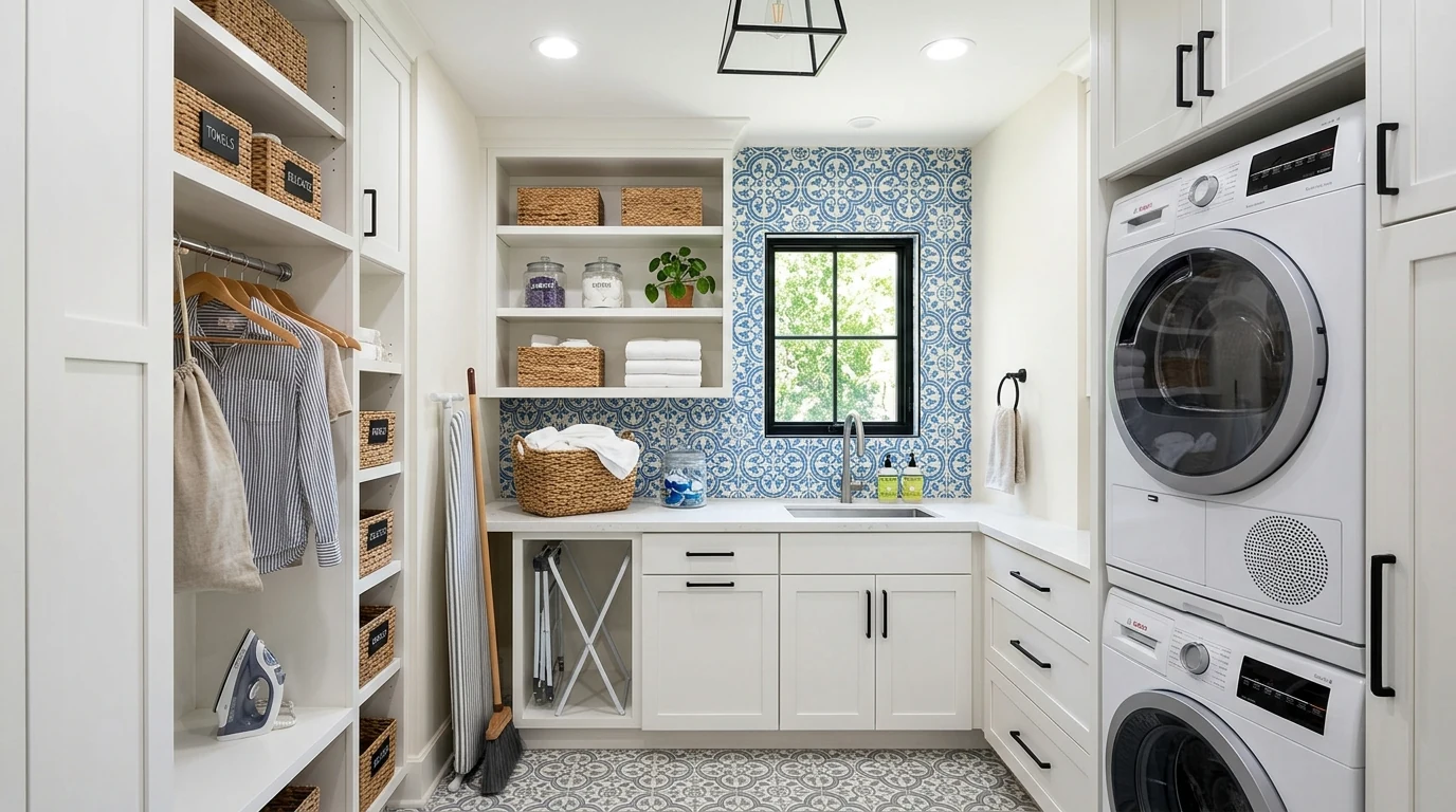 Organized super chic laundry room with a fully planned storage wall.