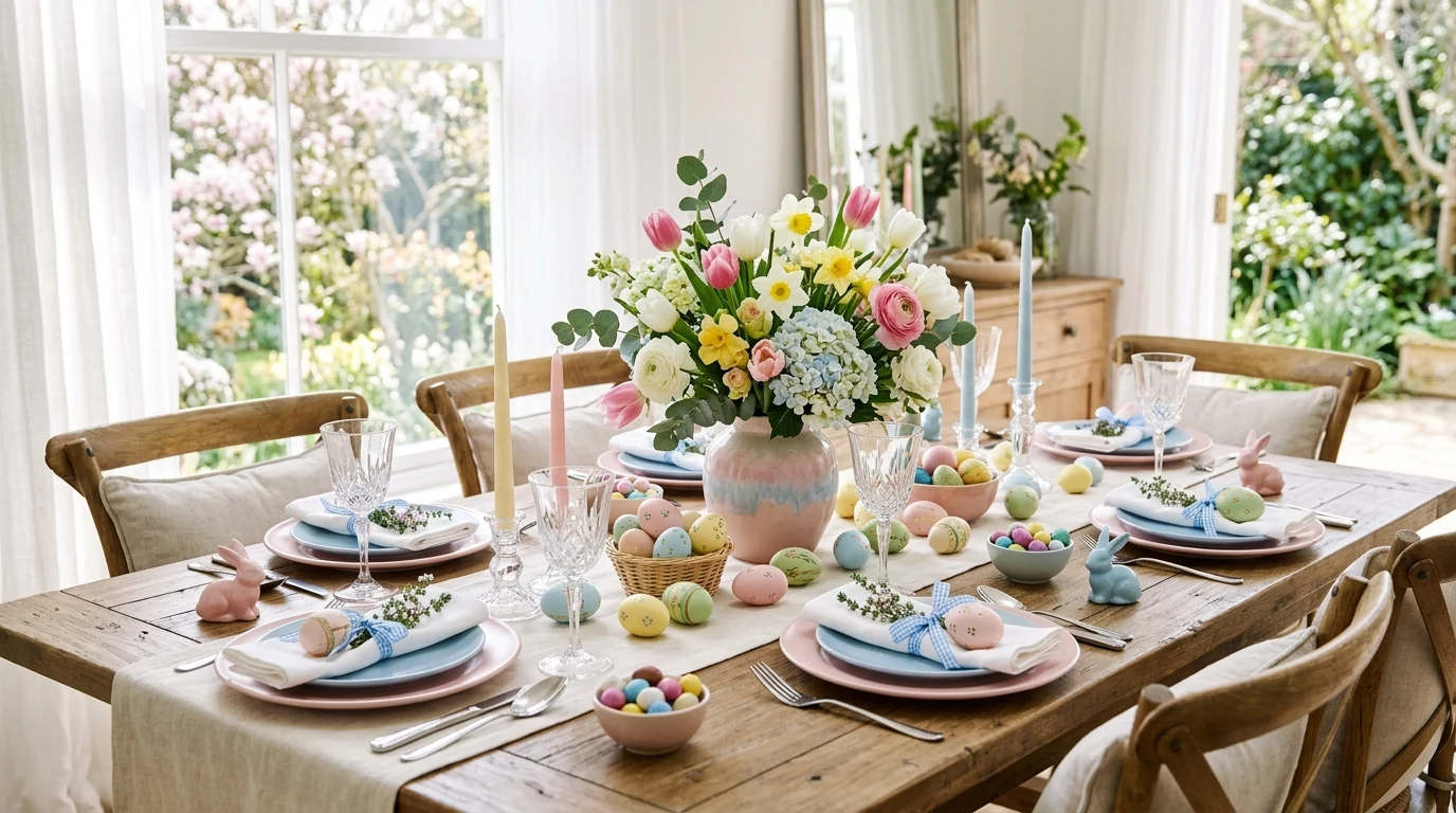 Pastel Easter tablescape styled for a soft spring celebration.