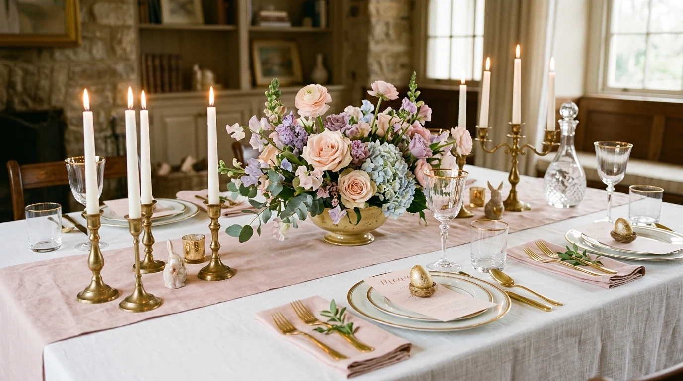 Soft Easter centerpiece with speckled eggs and spring flowers.