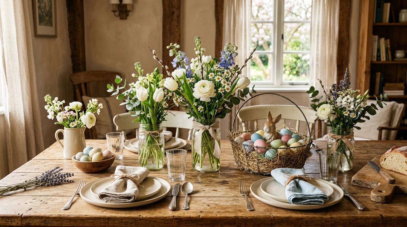 Easter tablescape with butter yellow linens and white plates.