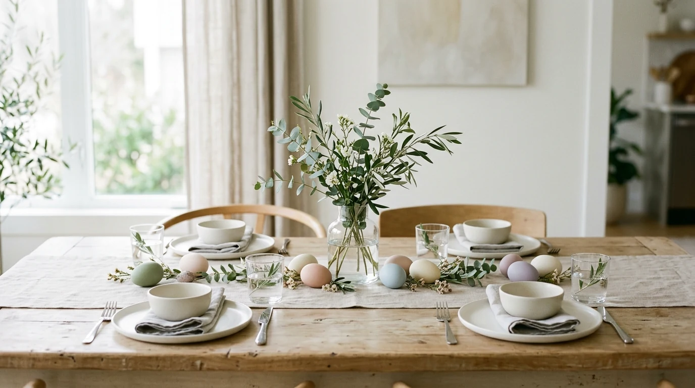 Pastel Easter table with lilac and white flowers.
