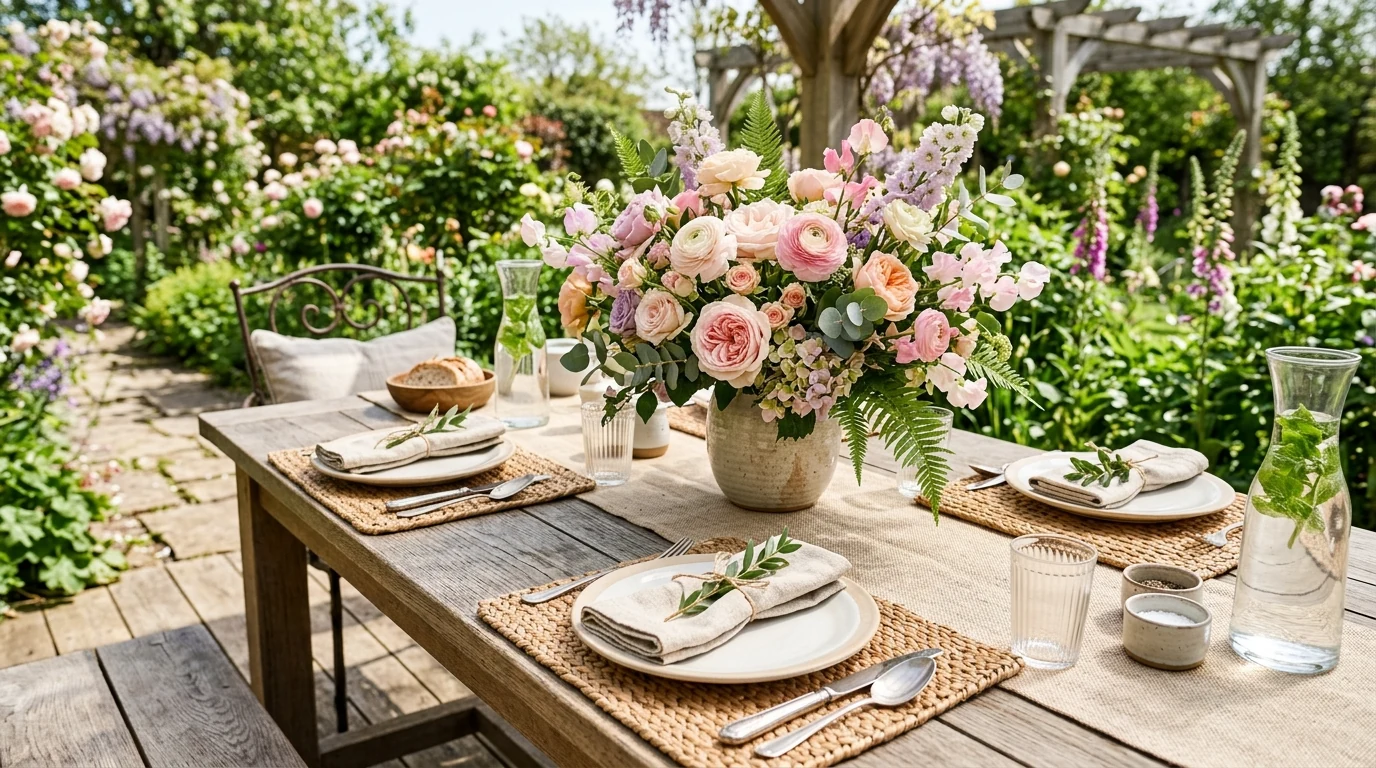 Easter place setting with scalloped plates and pastel styling.