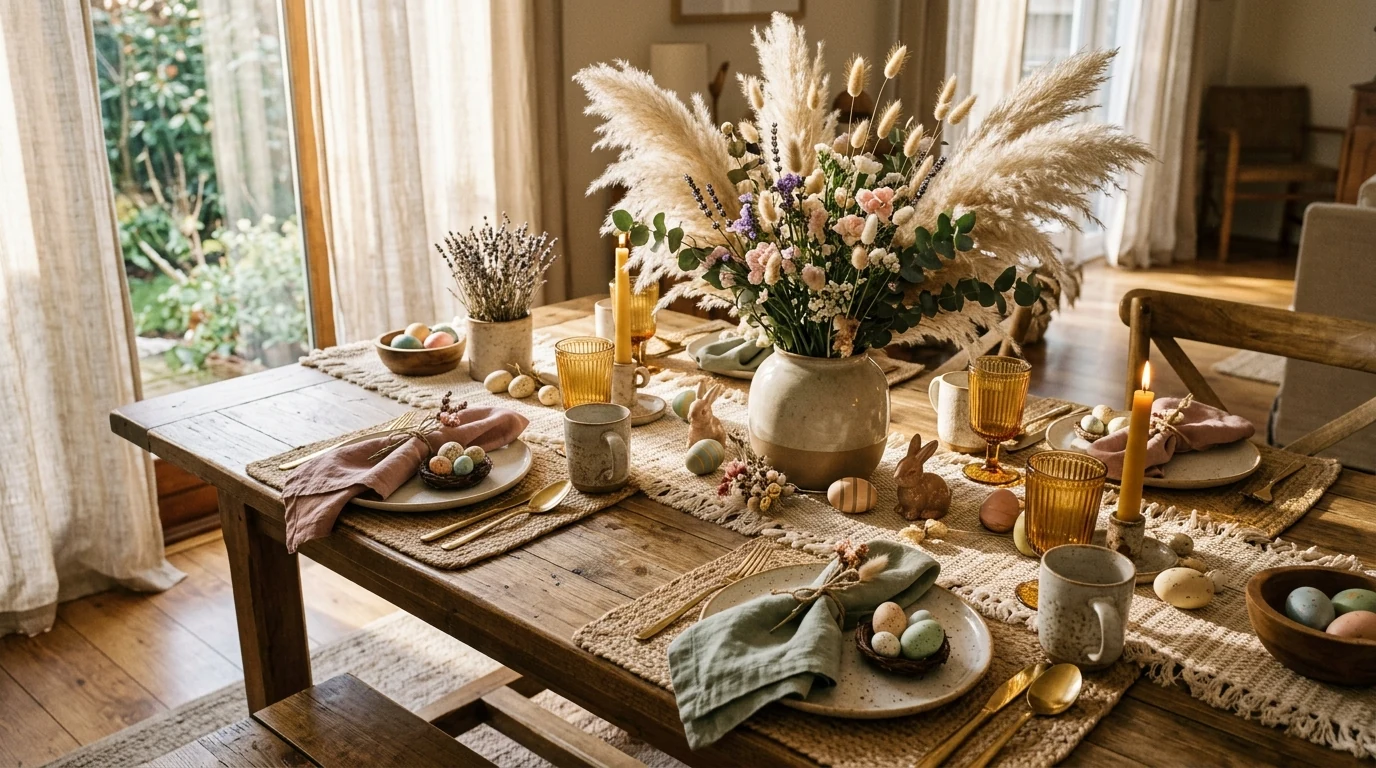 Pastel Easter table with ribbon-tied napkins at each place setting.