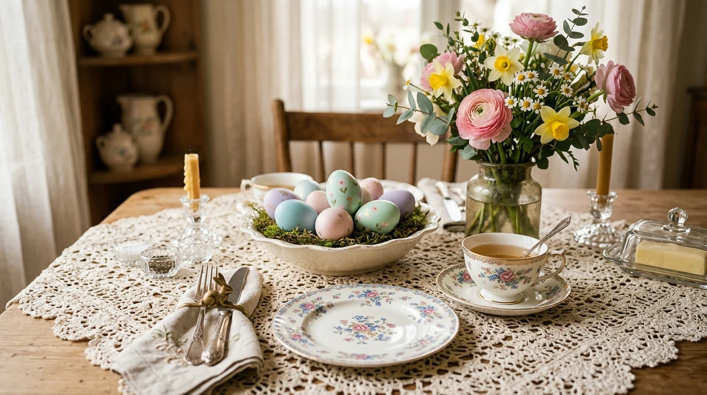 Spring Easter tablescape with a moss runner and white candles.