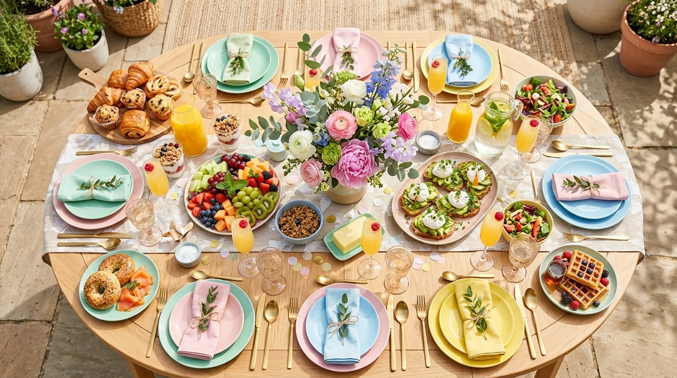 Pastel Easter table with glass cloches and tiny nest accents.