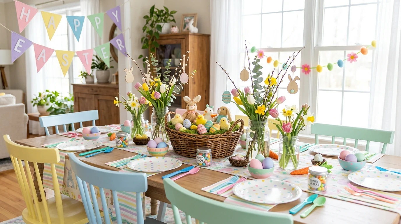 Easter tablescape with blue gingham linens and white stoneware.