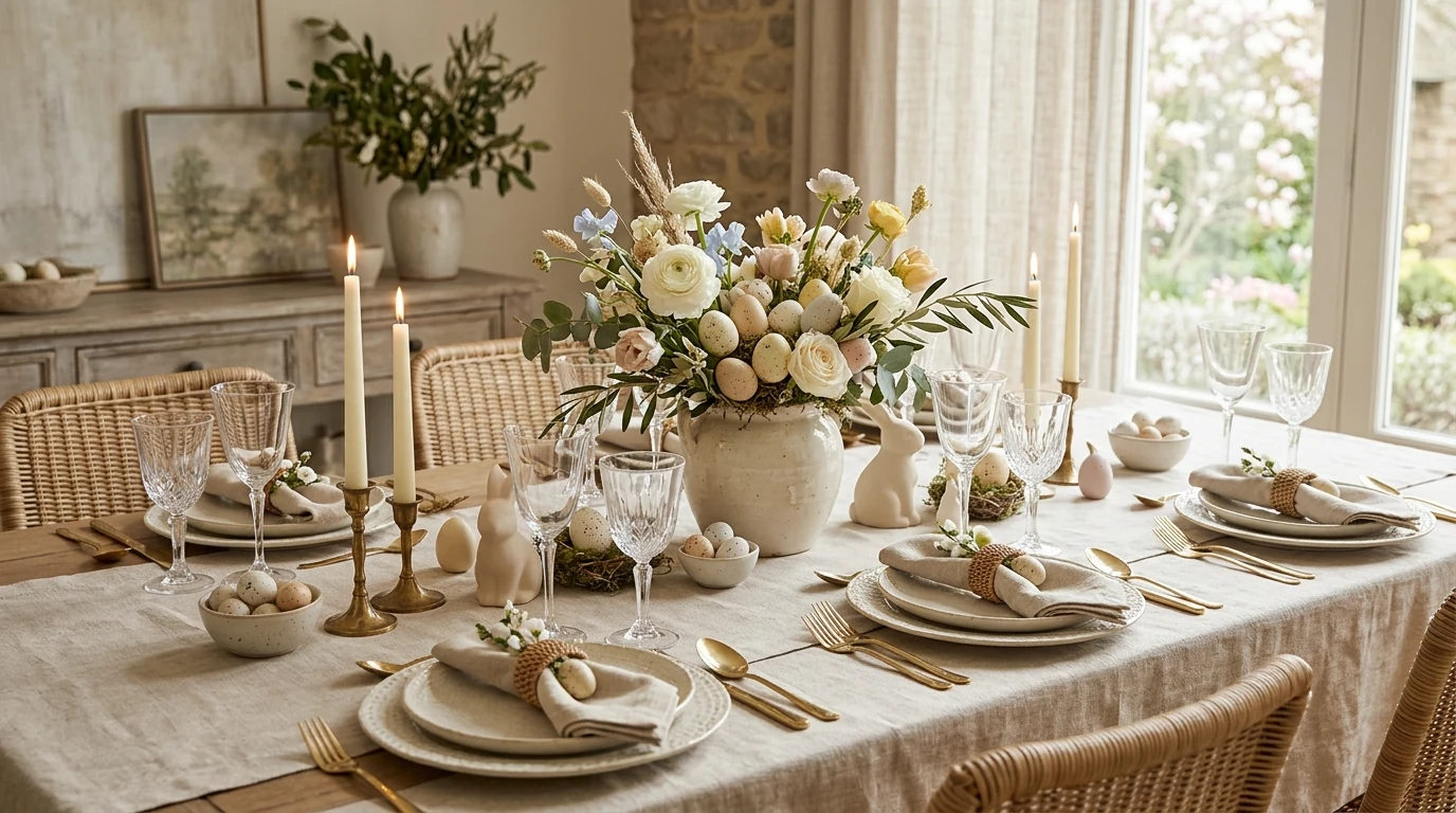 Soft spring Easter table with gold flatware and pale pink flowers.