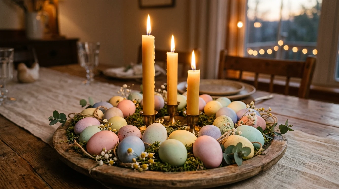 Minimal pastel Easter table with white decor and decorative eggs.