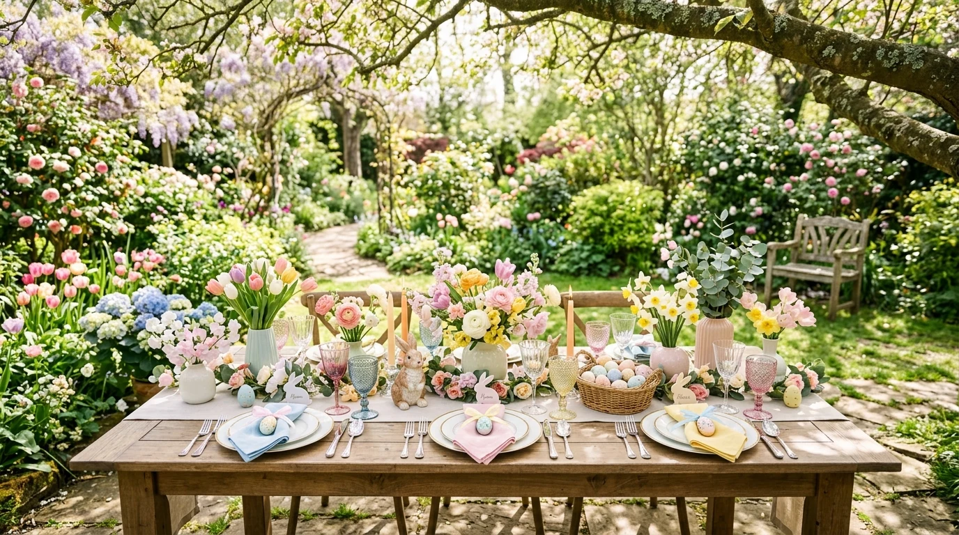 Pastel Easter tablescape with bud vases placed at every setting.