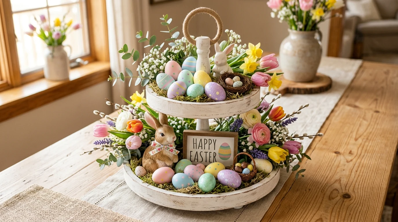 Vintage-inspired pastel Easter tablescape with tea-party details.