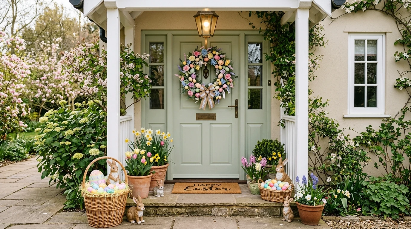 Easter mantel decorated with eggs, greenery, and cheerful seasonal styling.