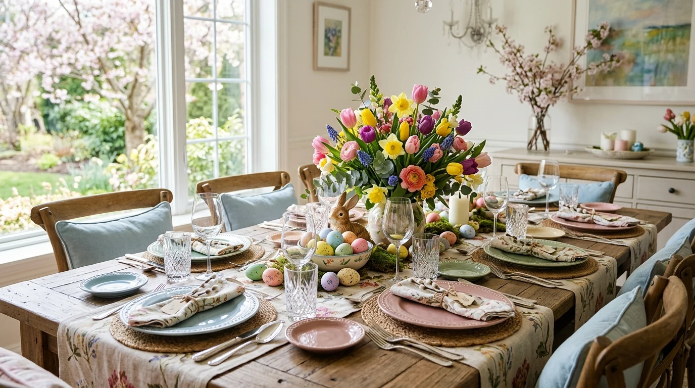 Playful Easter dining table with soft spring colors and festive decor.