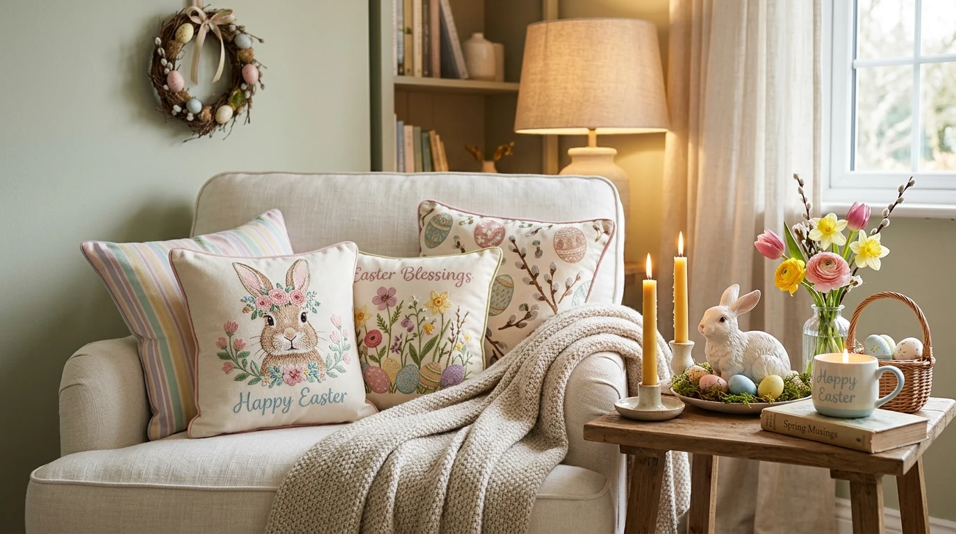 Creative Easter front door wreath with eggs, flowers, and ribbon.