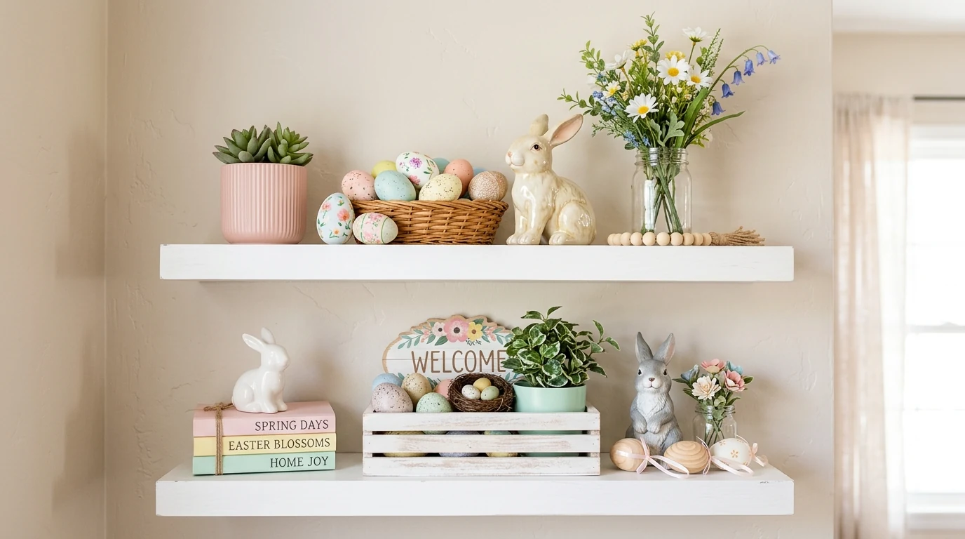 Tiered tray styled with mini Easter decor including eggs and bunny accents.