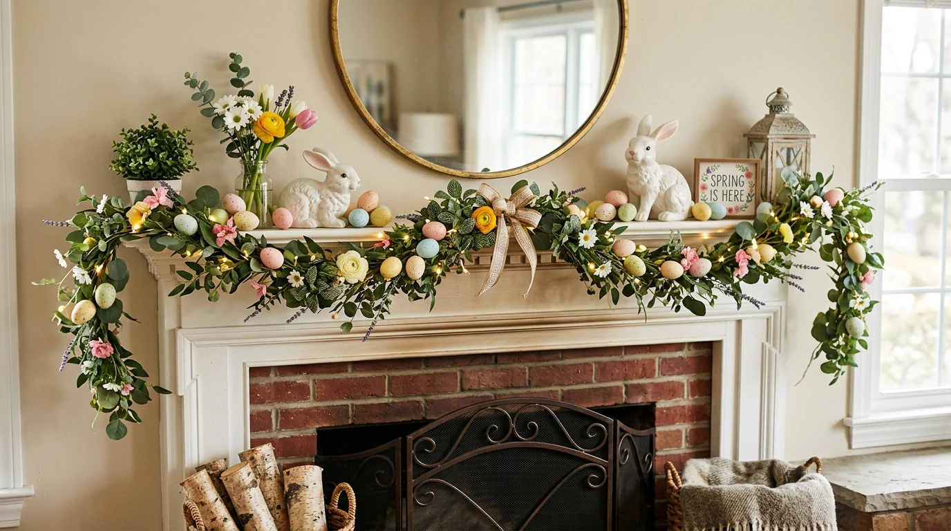 Kitchen shelves decorated with Easter accents and fresh spring flowers.
