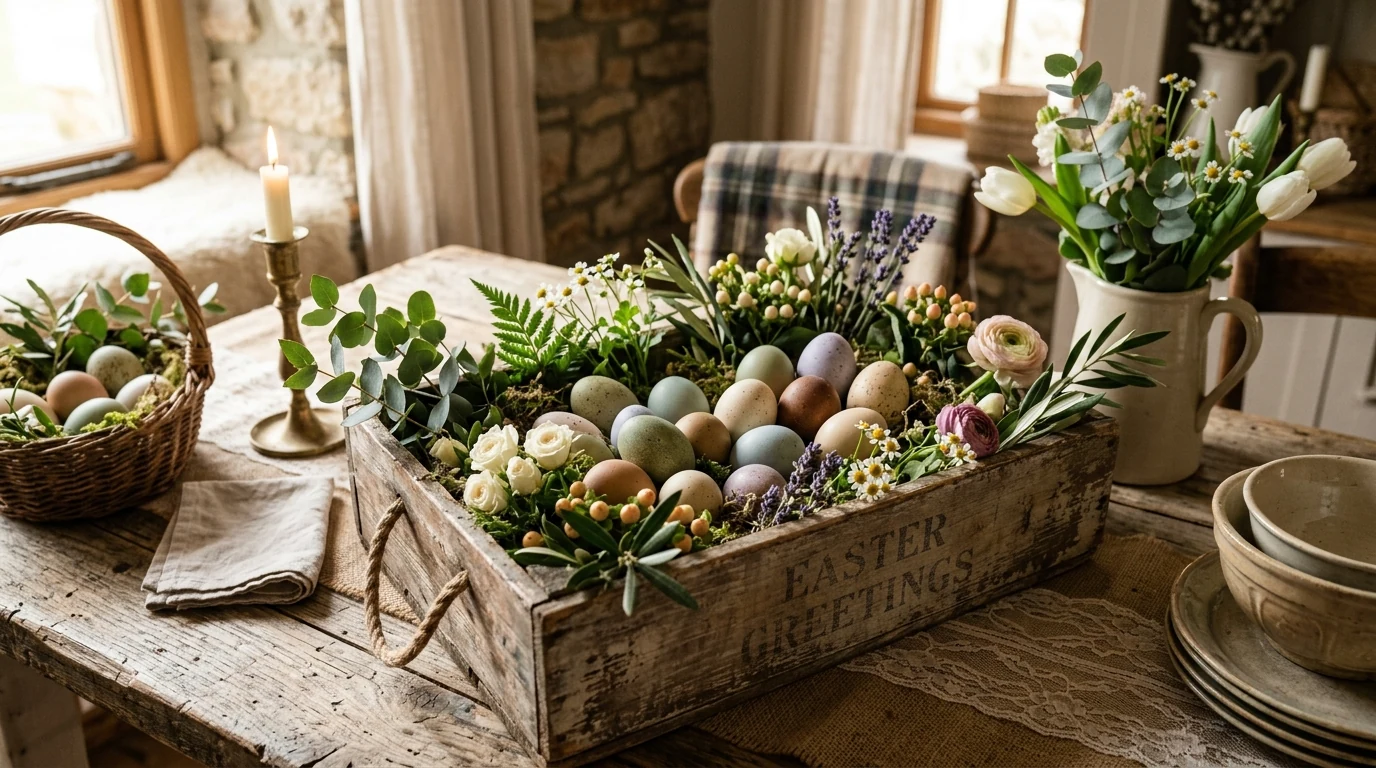 Easter porch basket with spring blooms and playful carrot-themed accents.