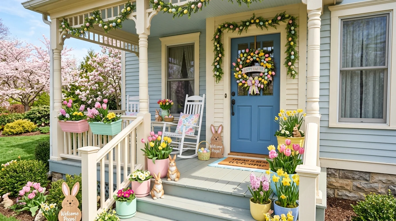 Whimsical Easter kids corner with bunny art, garland, and playful decor.