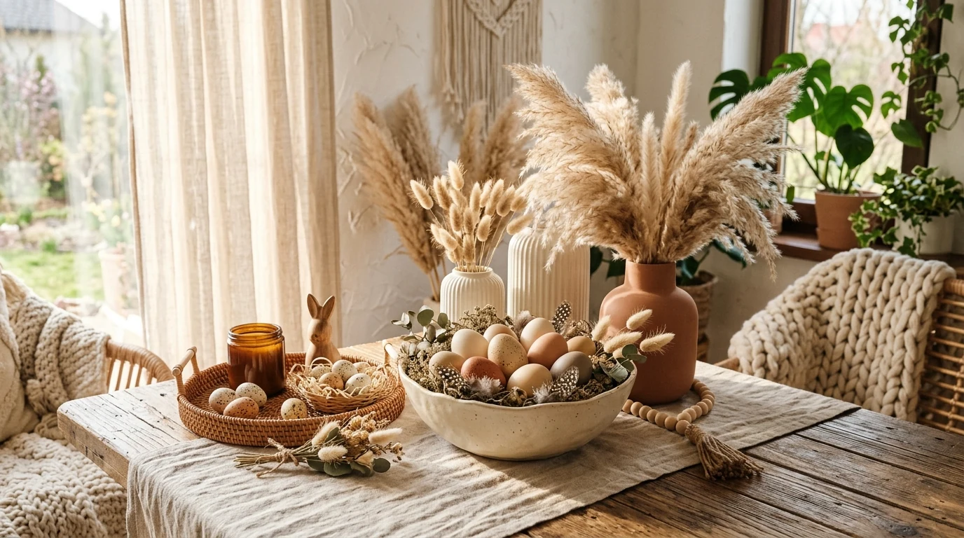 Easter breakfast nook styled with floral charm and pastel seasonal decor.