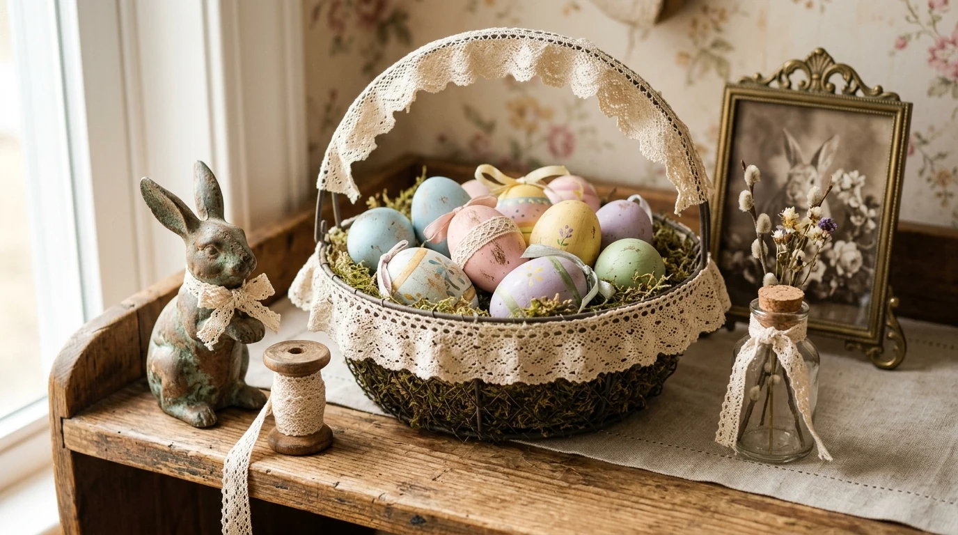 Living room sofa decorated with soft bunny pillows for Easter.