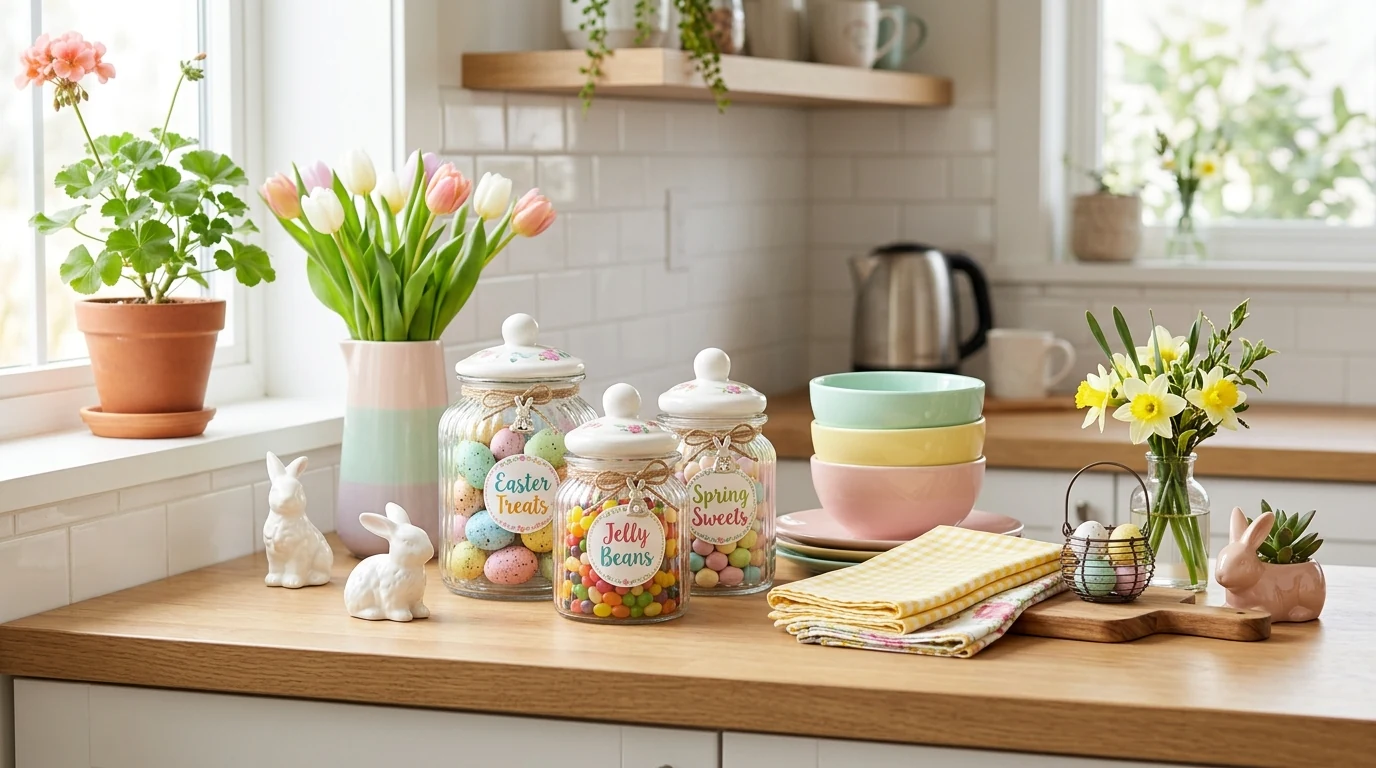 Easter window sill decorated with mini nests, eggs, and spring touches.