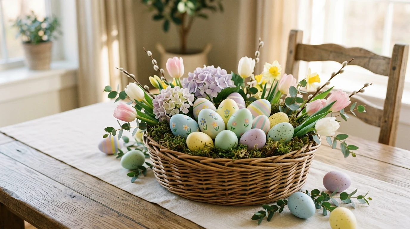 Playful Easter home decor with a layered soft palette and cohesive spring styling.