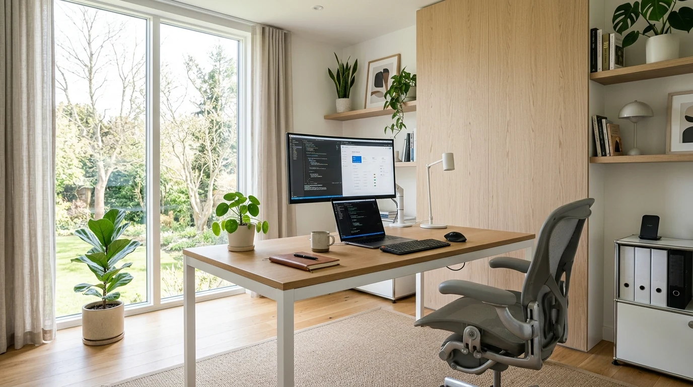 Productive home office with built-in shelving and an organized workspace layout.