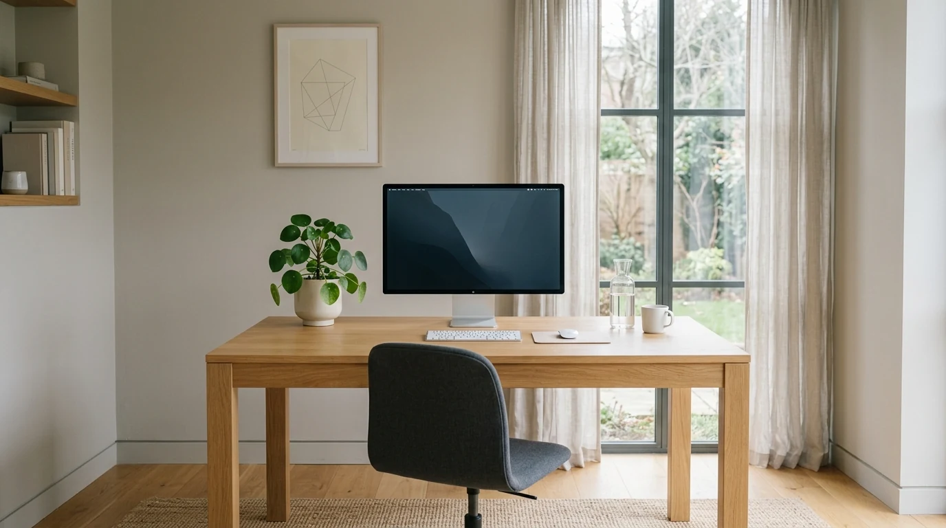 Warm wood home office with a calm neutral palette and stylish productivity-focused decor.