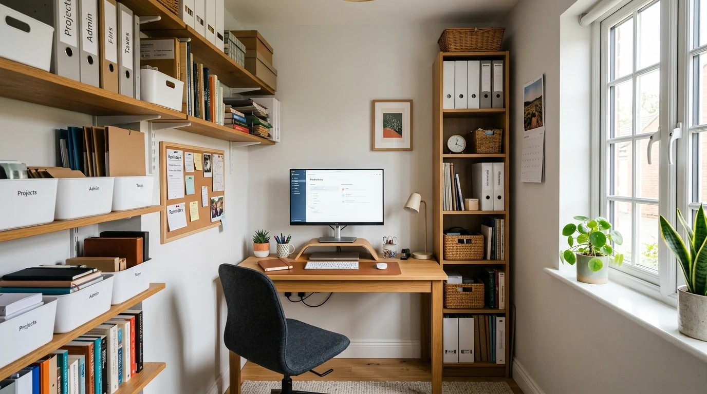 Moody home office with focused lighting designed for concentration and style.