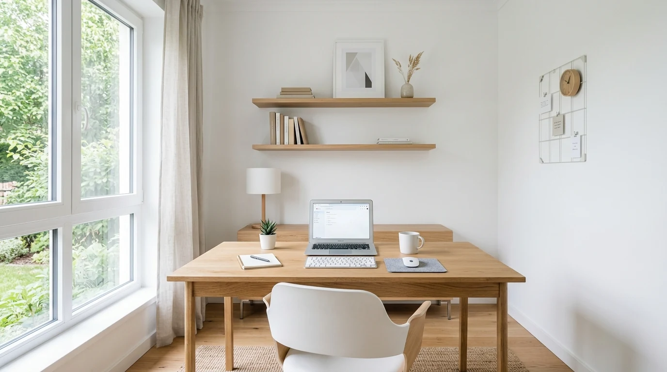Productive home office with open shelves styled using practical and decorative pieces.