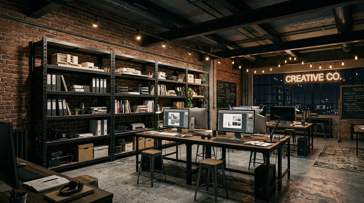 Shared home office with a dual workspace setup and cohesive stylish organization.