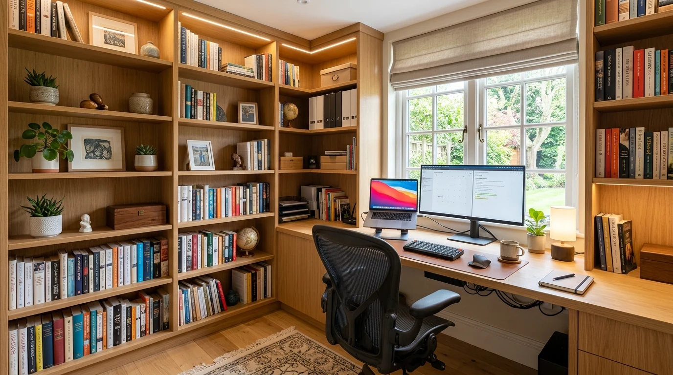Minimal home office desk with hidden storage for a clean productive setup.