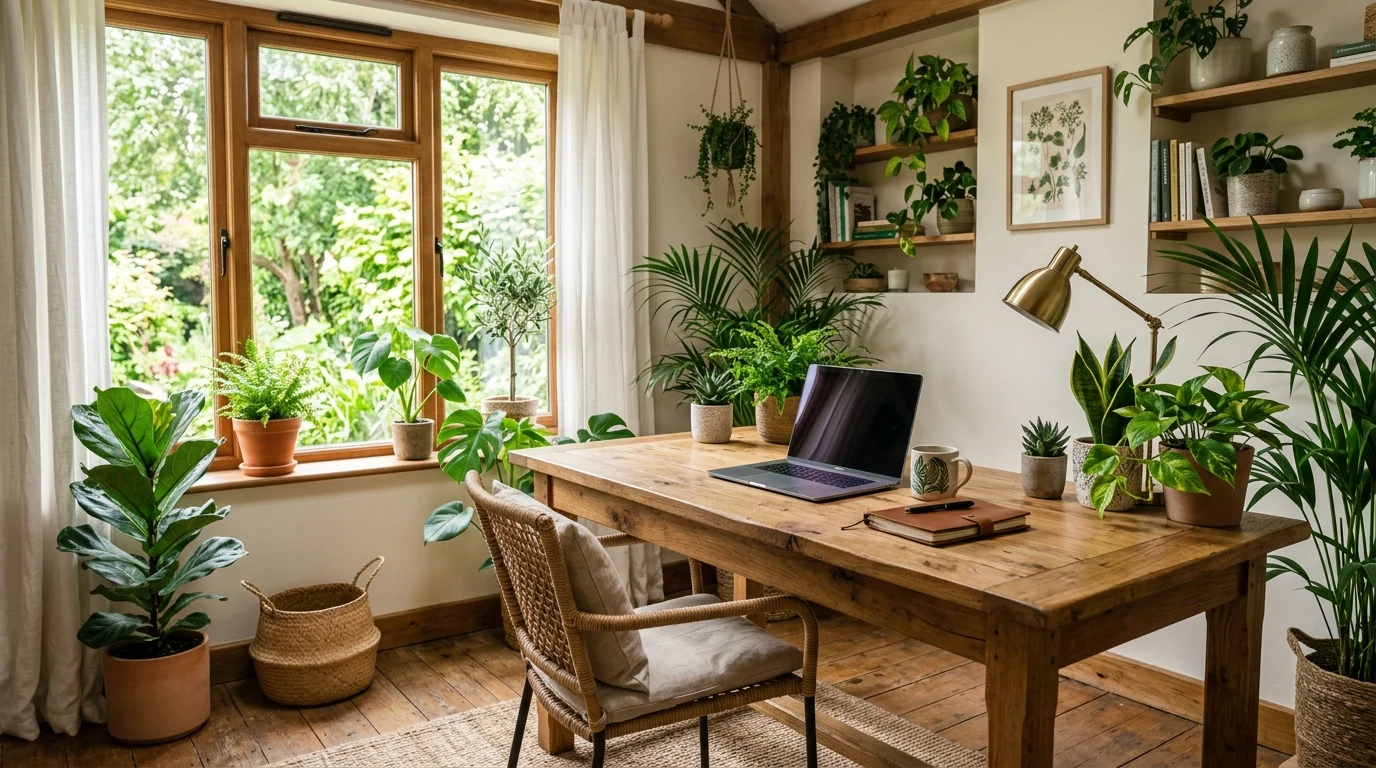 Stunning home office softened by a rug and curtains for a more welcoming feel.